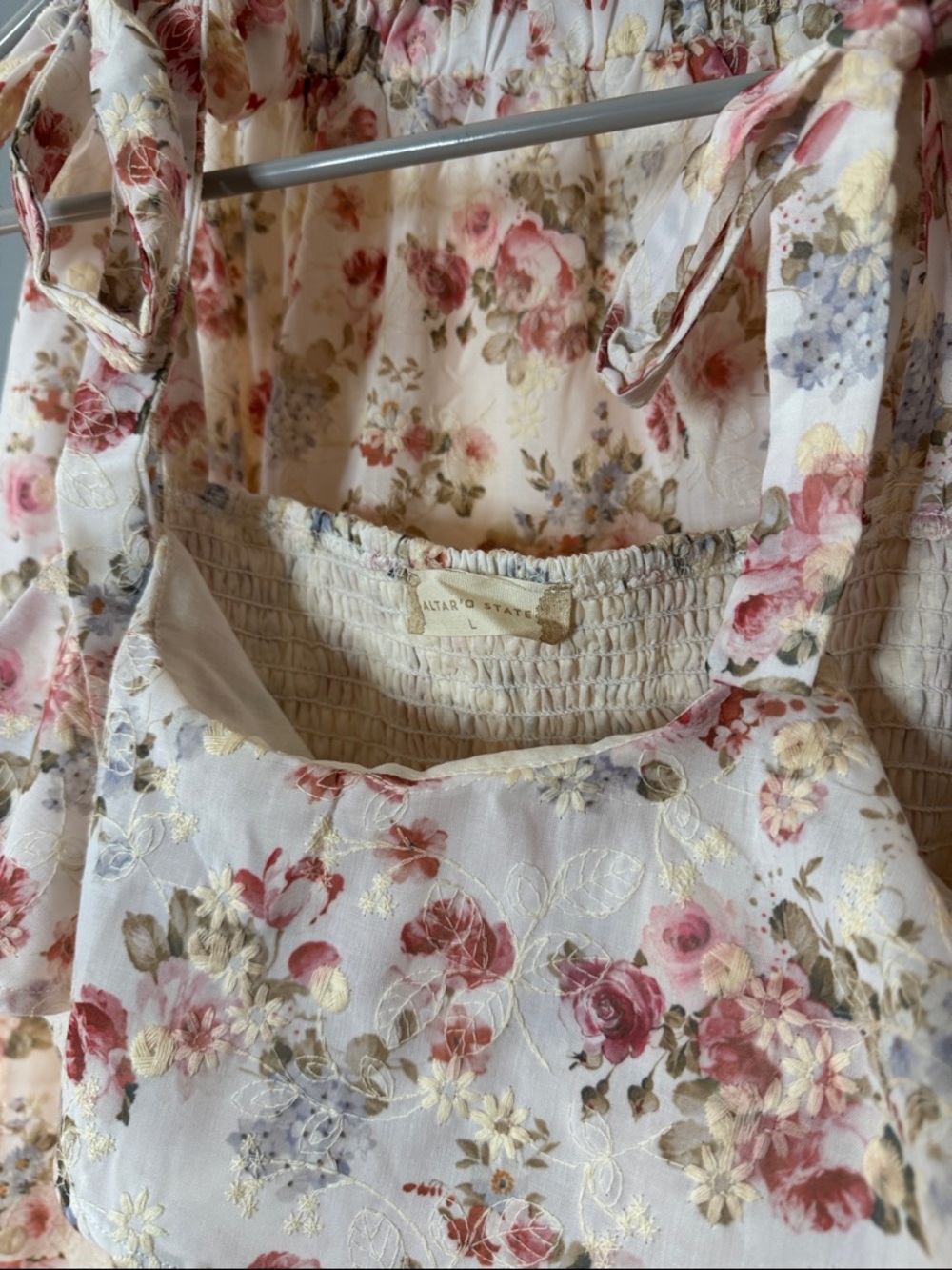 074 • Roses Print Cream Embroidery Floral Maxi Skirt Ruffle Crop Top Summer Set - Picture 10 of 11